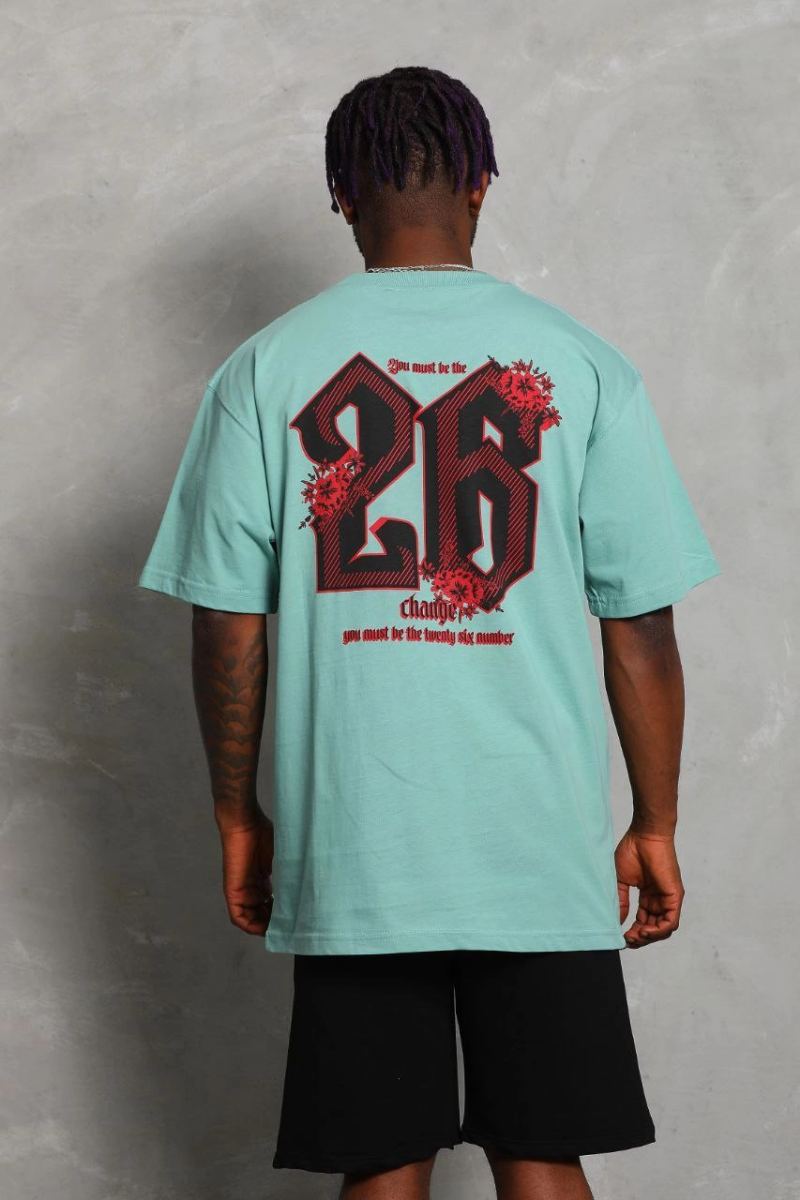Erkek Baskılı Tişört Kısa Kol Bisiklet Yaka Oversize T-Shirt - Mint Yeşili