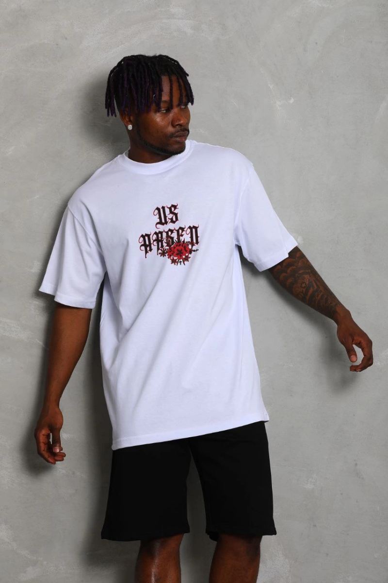 Erkek Baskılı Tişört Kısa Kol Bisiklet Yaka Oversize T-Shirt - Beyaz