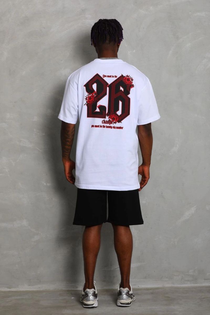 Erkek Baskılı Tişört Kısa Kol Bisiklet Yaka Oversize T-Shirt - Beyaz