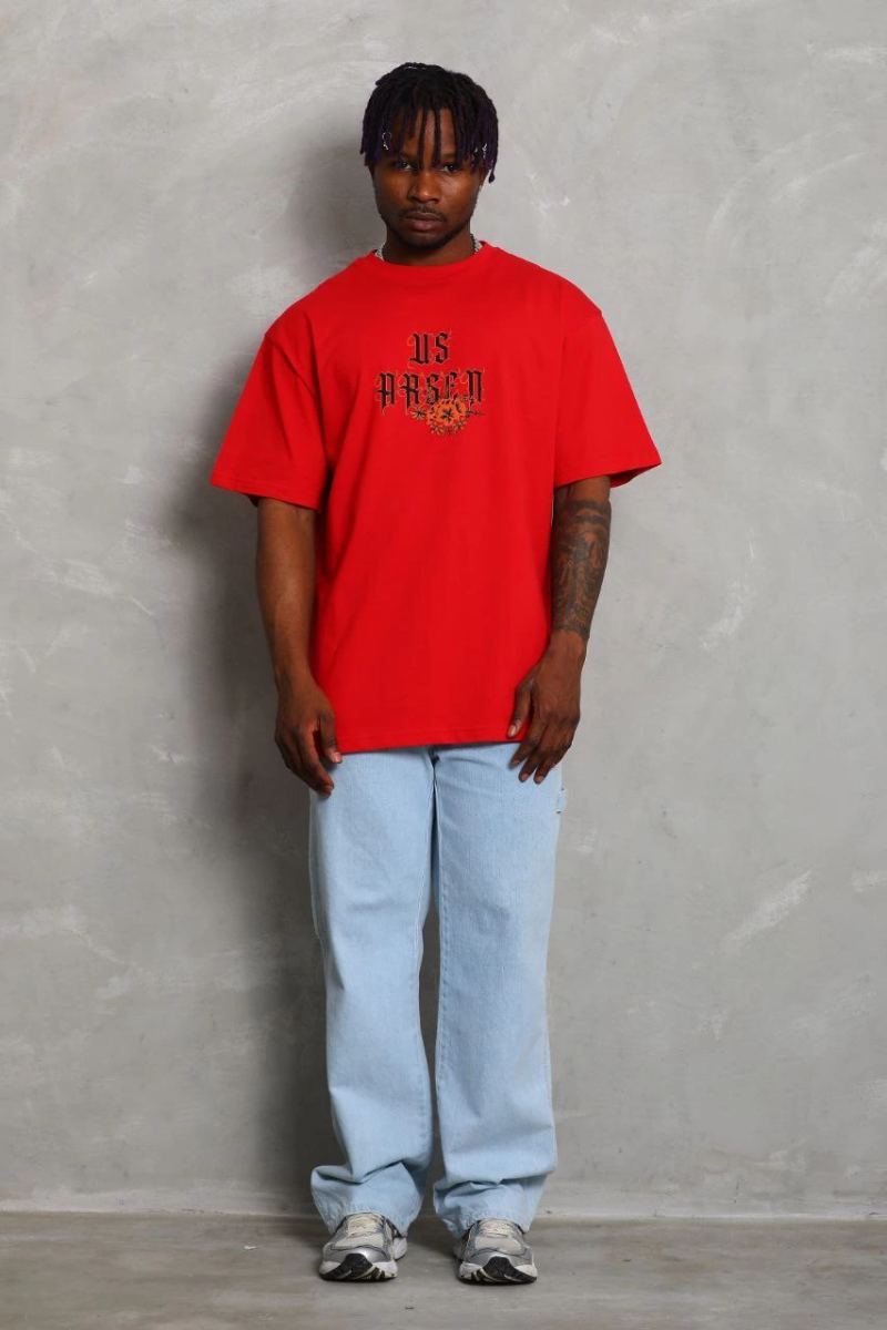 Erkek Baskılı Tişört Kısa Kol Bisiklet Yaka Oversize T-Shirt - Kırmızı