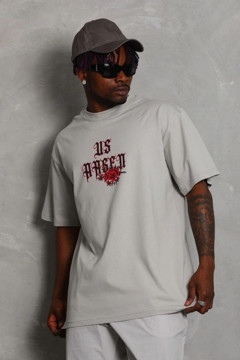 Erkek Kısa Kol Yazlık Tişört Bisiklet Yaka Baskılı Oversize T-Shirt - Gri