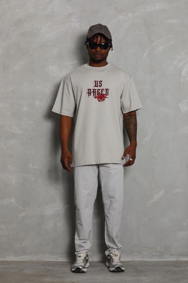 Erkek Kısa Kol Yazlık Tişört Bisiklet Yaka Baskılı Oversize T-Shirt - Gri