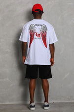 Erkek Kısa Kol Tişört Bisiklet Yaka KANAT Baskılı Oversize T-Shirt - Beyaz