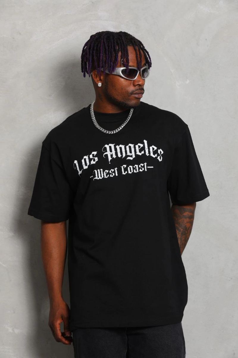 Erkek Baskılı Tişört Kısa Kol Bisiklet Yaka Oversize T-Shirt - Siyah