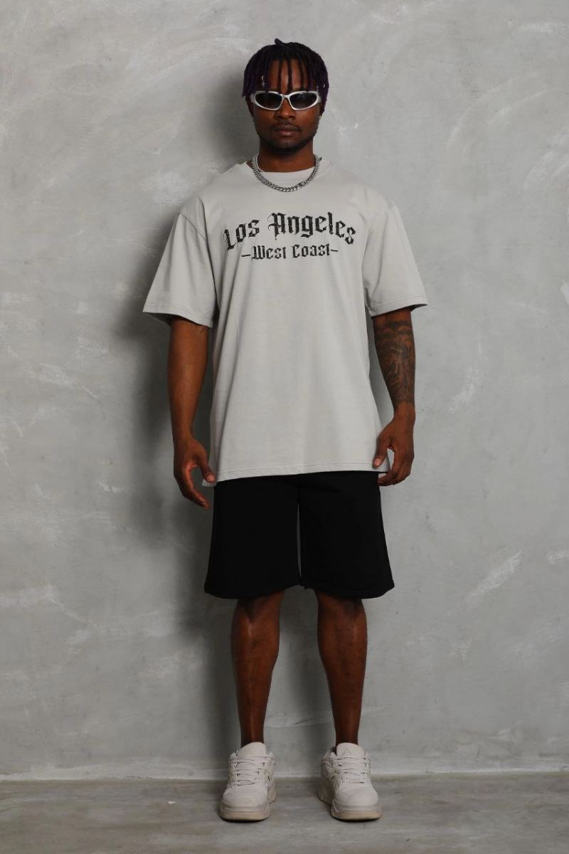 Erkek Baskılı Tişört Kısa Kol Bisiklet Yaka Oversize T-Shirt - Gri
