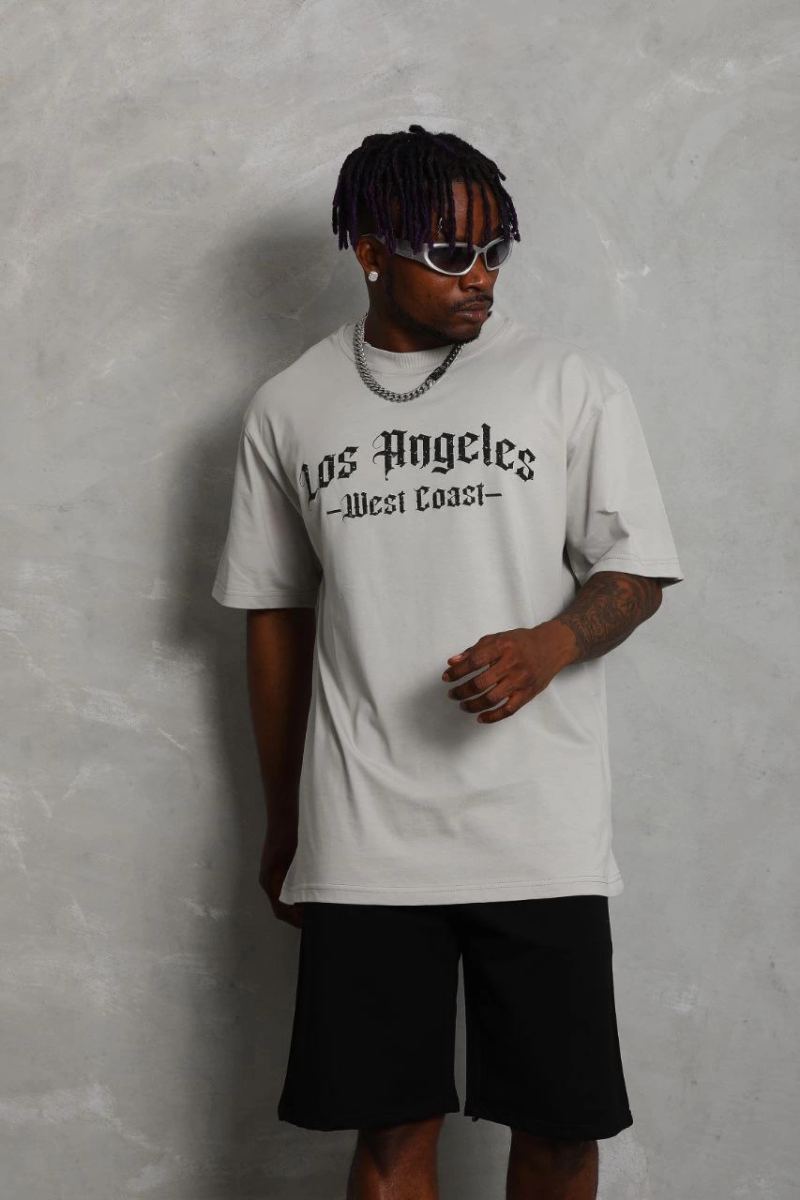 Erkek Baskılı Tişört Kısa Kol Bisiklet Yaka Oversize T-Shirt - Gri