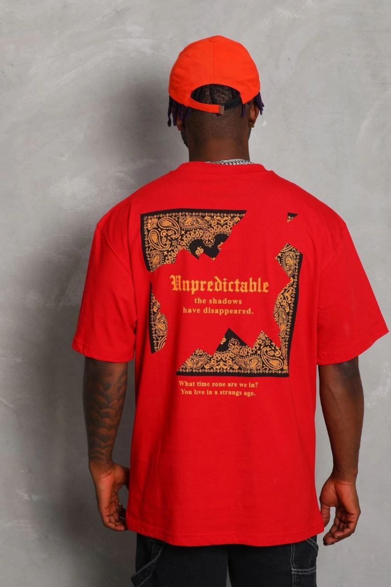 Erkek Baskılı Tişört Kısa Kol Bisiklet Yaka Oversize T-Shirt - Kırmızı