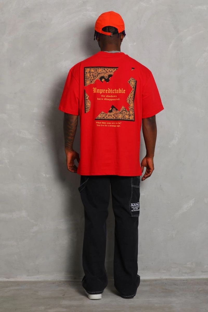 Erkek Baskılı Tişört Kısa Kol Bisiklet Yaka Oversize T-Shirt - Kırmızı