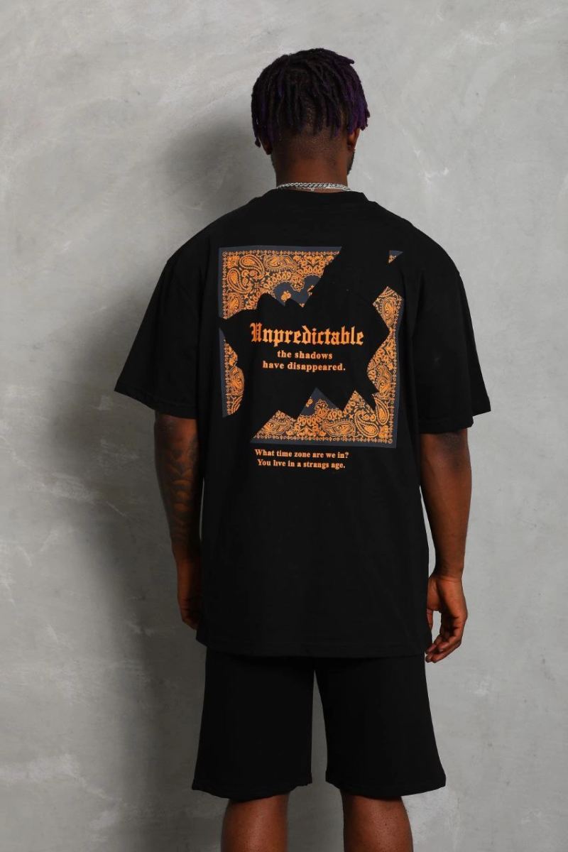 Erkek Baskılı Tişört Kısa Kol Bisiklet Yaka Oversize T-Shirt - Siyah