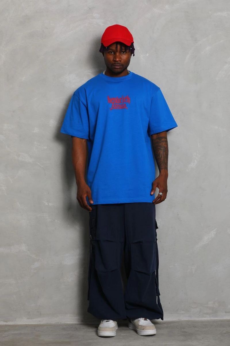 Erkek Baskılı Tişört Kısa Kol Bisiklet Yaka Oversize T-Shirt - Mavi