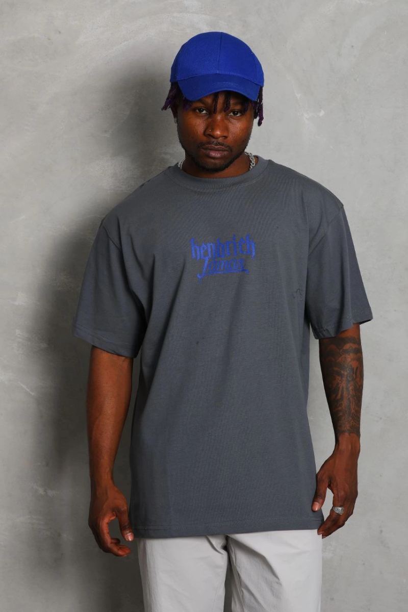 Erkek Baskılı Tişört Kısa Kol Bisiklet Yaka Oversize T-Shirt - Füme