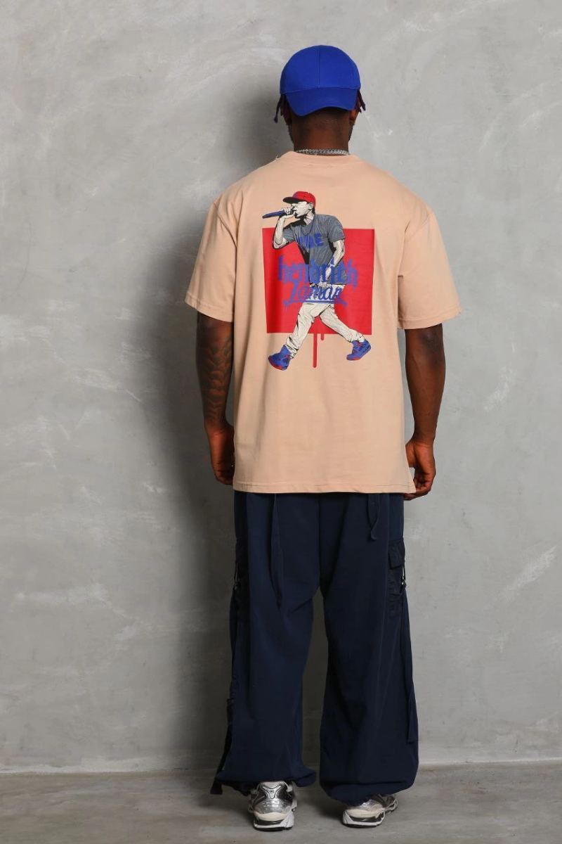 Erkek Baskılı Tişört Kısa Kol Bisiklet Yaka Oversize T-Shirt - Bej