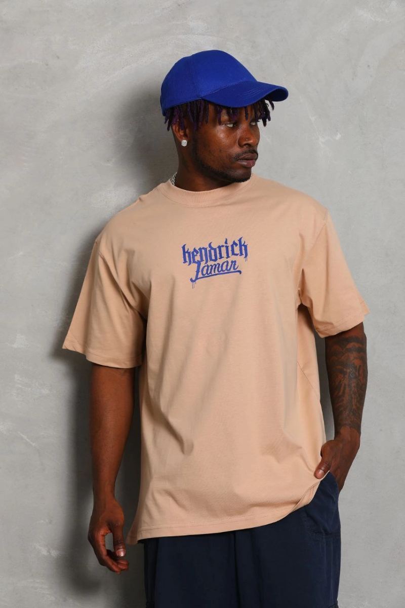 Erkek Baskılı Tişört Kısa Kol Bisiklet Yaka Oversize T-Shirt - Bej