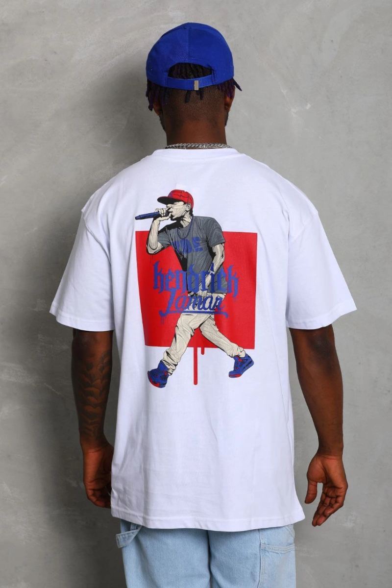 Erkek Baskılı Tişört Kısa Kol Bisiklet Yaka Oversize T-Shirt - Beyaz
