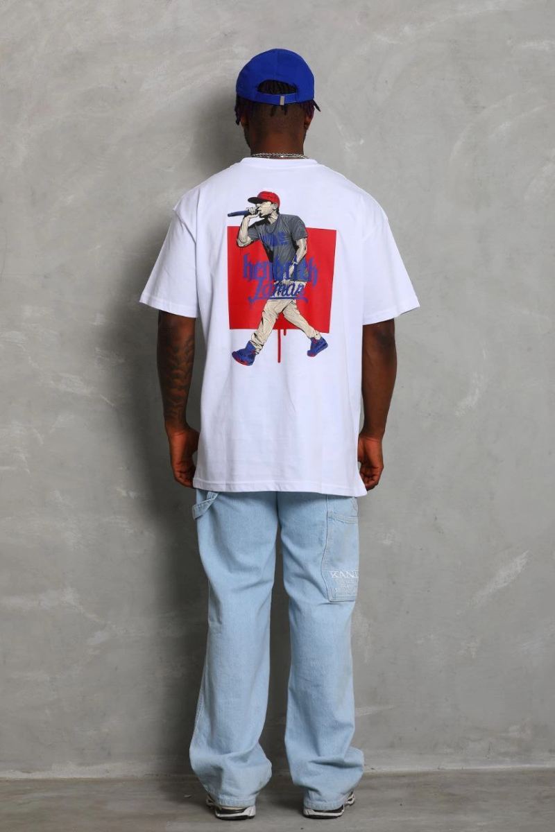Erkek Baskılı Tişört Kısa Kol Bisiklet Yaka Oversize T-Shirt - Beyaz