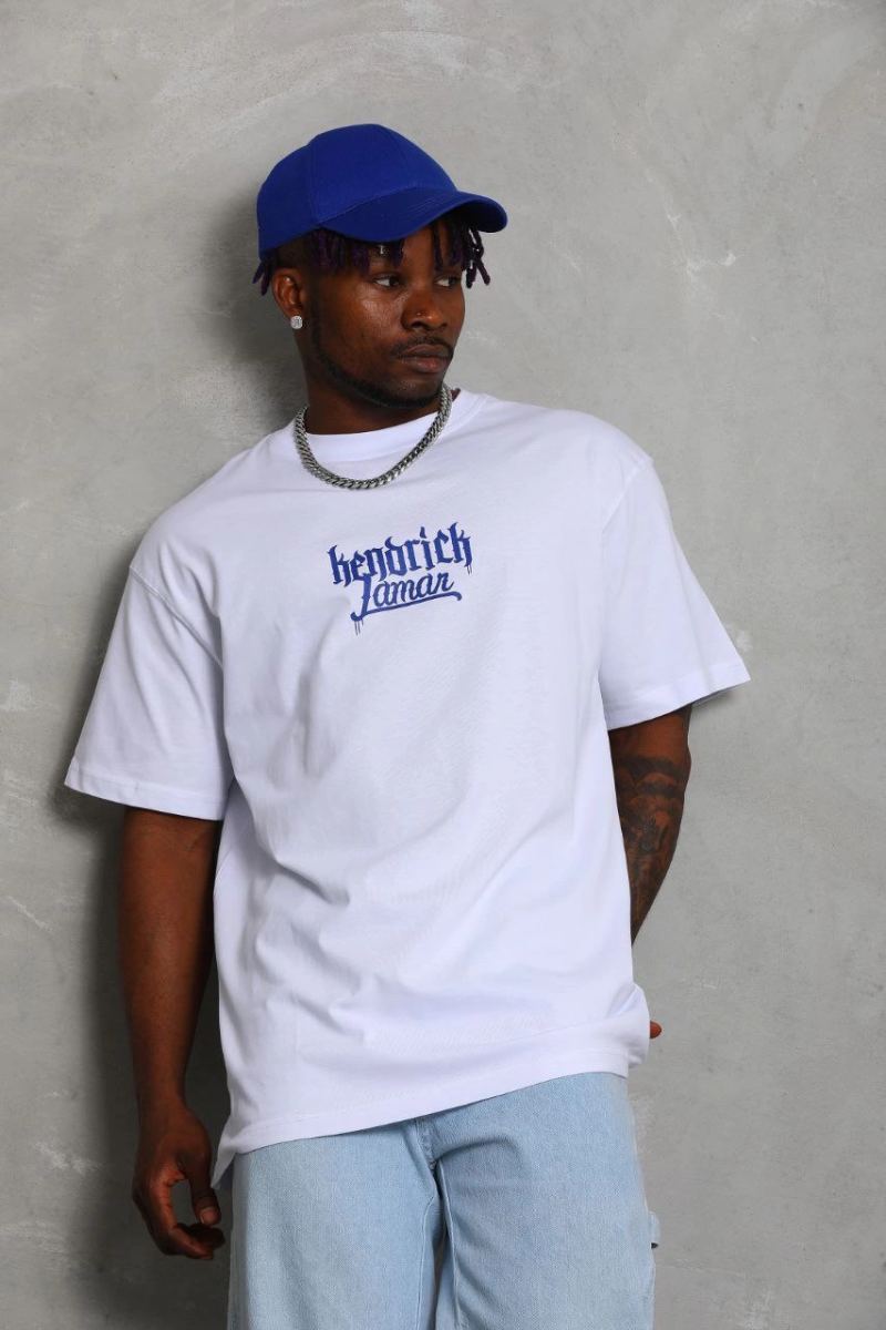 Erkek Baskılı Tişört Kısa Kol Bisiklet Yaka Oversize T-Shirt - Beyaz