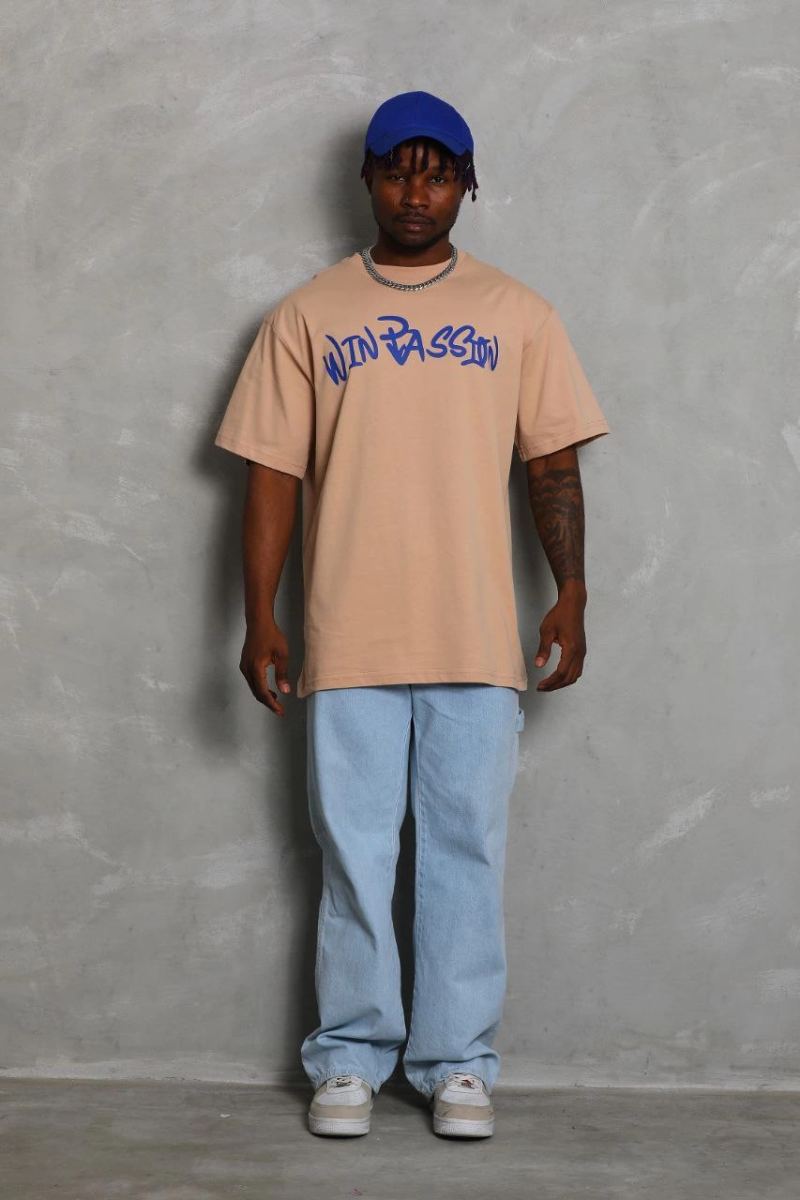 Erkek Baskılı Tişört Kısa Kol Bisiklet Yaka Oversize T-Shirt - Bej