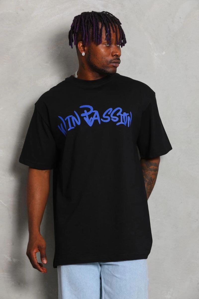 Erkek Baskılı Tişört Kısa Kol Bisiklet Yaka Oversize T-Shirt - Siyah