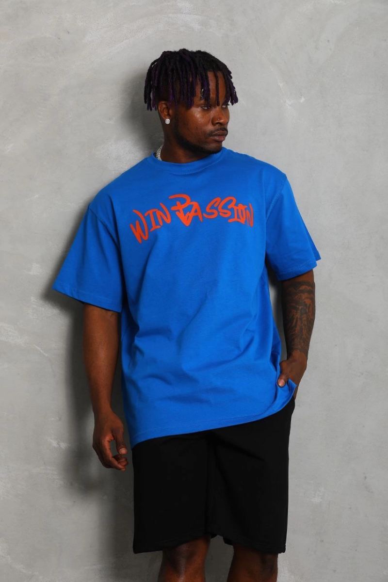 Erkek Baskılı Tişört Kısa Kol Bisiklet Yaka Oversize T-Shirt - Mavi