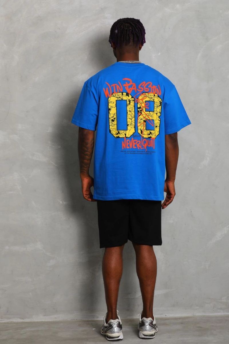 Erkek Baskılı Tişört Kısa Kol Bisiklet Yaka Oversize T-Shirt - Mavi