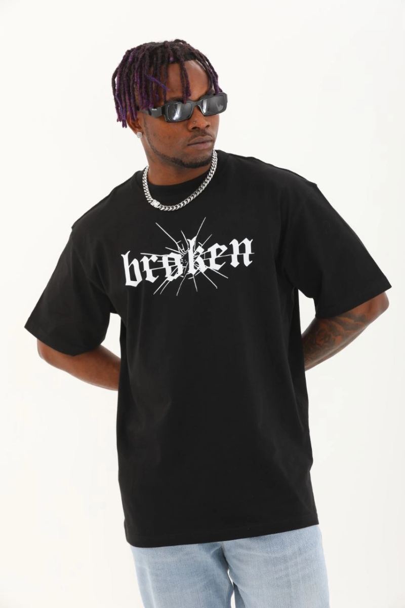 Erkek Baskılı T-Shirt Kısa Kol Bisiklet Yaka Regular Fit Rahat Kalıp Günlük Tişört - Siyah