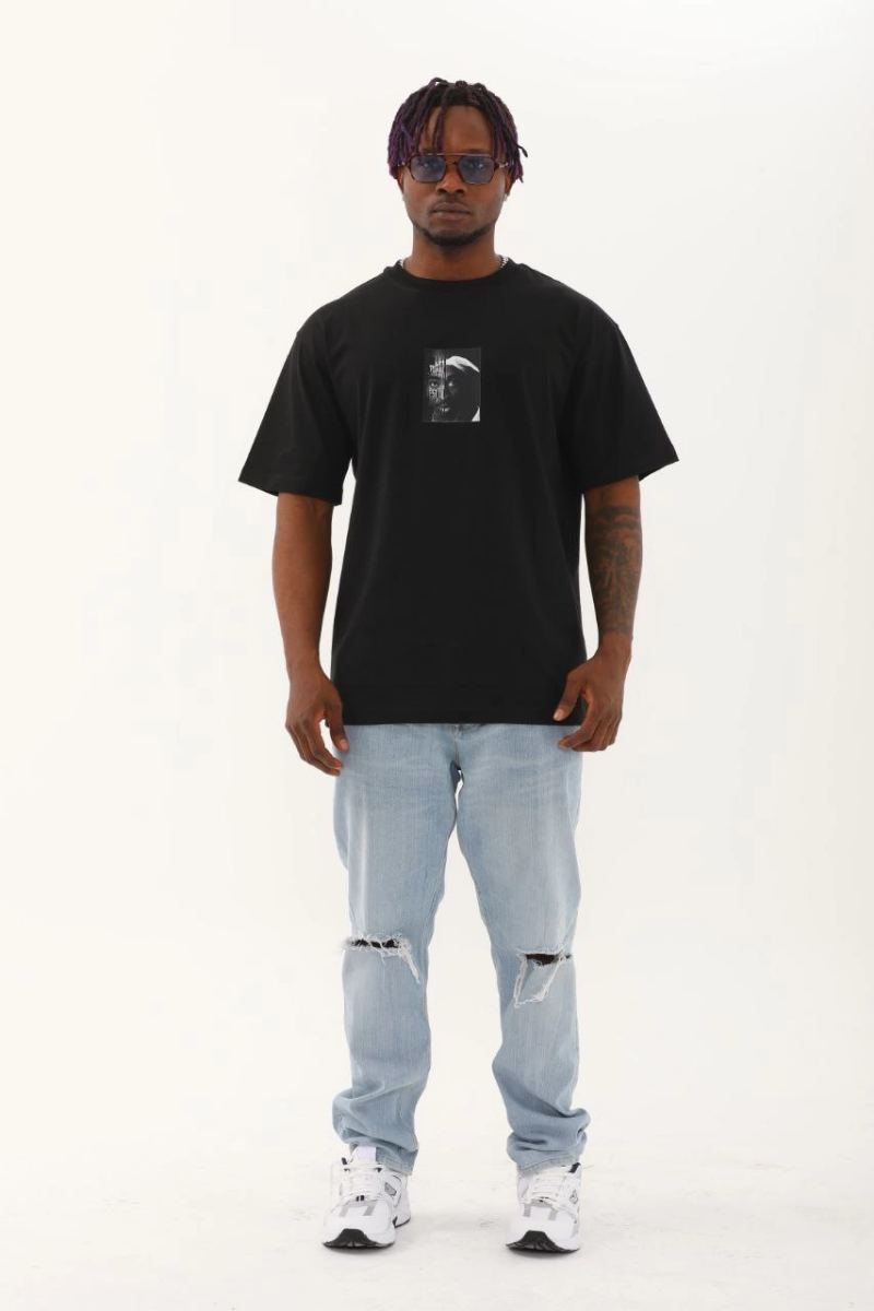 Erkek Kısa Kol Yazlık Tişört Bisiklet Yaka Baskılı Oversize T-Shirt - Siyah
