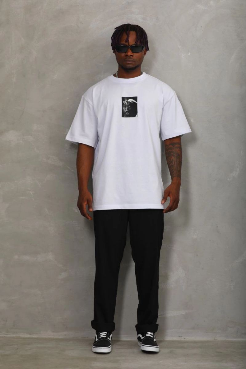 Erkek Kısa Kol Yazlık Tişört Bisiklet Yaka Baskılı Oversize T-Shirt - Beyaz