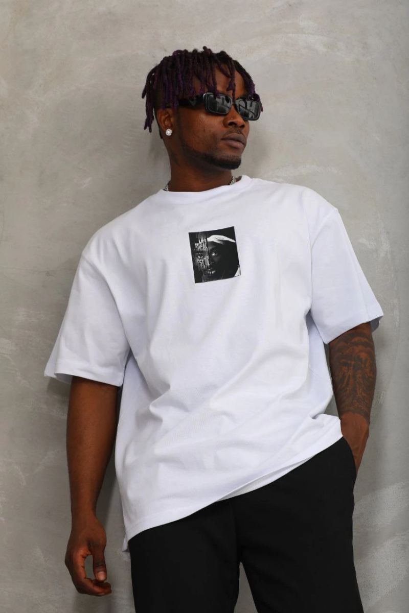 Erkek Kısa Kol Yazlık Tişört Bisiklet Yaka Baskılı Oversize T-Shirt - Beyaz