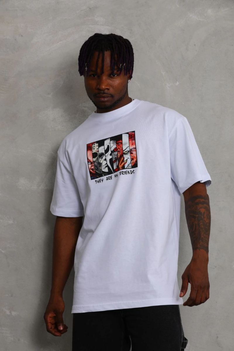 Erkek Baskılı T-Shirt Kısa Kol Bisiklet Yaka Regular Fit Rahat Kalıp Günlük Tişört - Beyaz