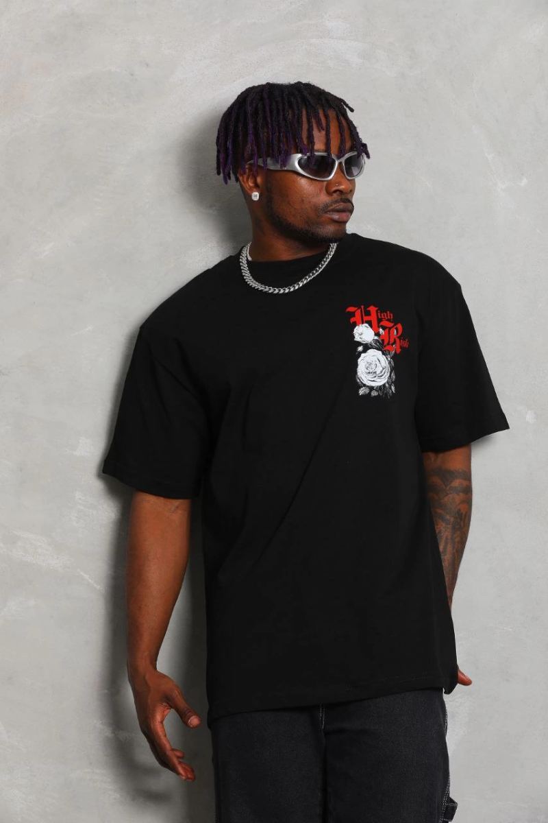 Erkek Kısa Kol Yazlık Tişört Bisiklet Yaka Baskılı Oversize T-Shirt - Siyah