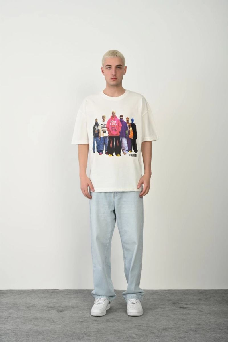 Erkek Baskılı T-Shirt Kısa Kol Bisiklet Yaka Rahat Kalıp Tişört - Beyaz