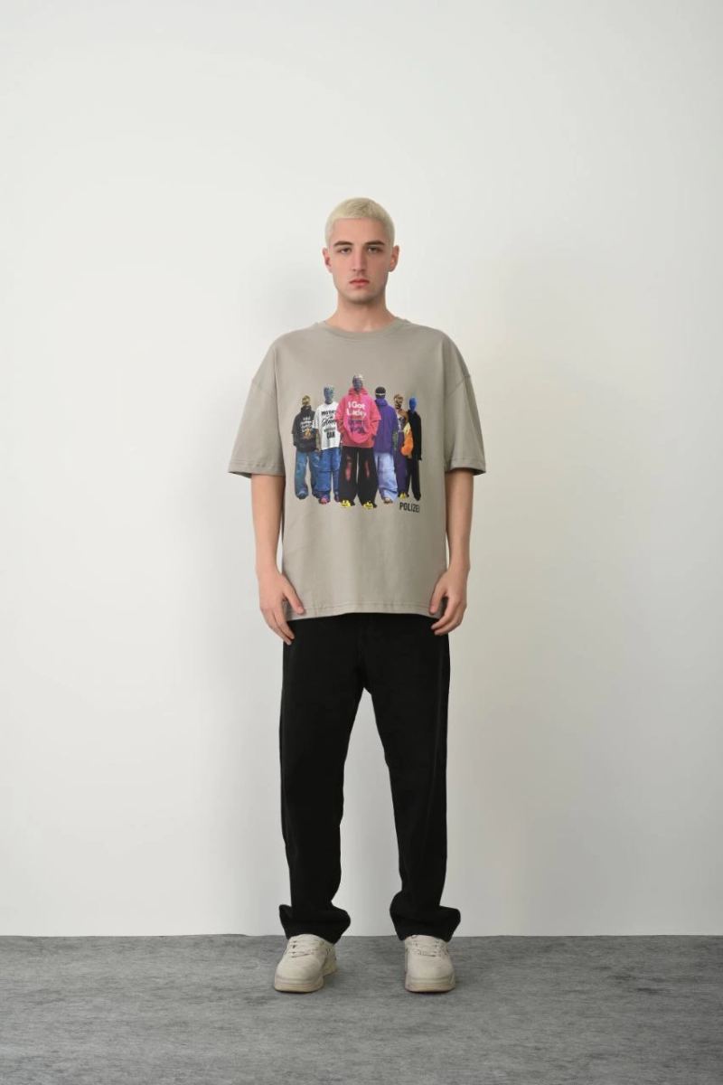 Erkek Baskılı T-Shirt Kısa Kol Bisiklet Yaka Rahat Kalıp Tişört - Boyalı Gri