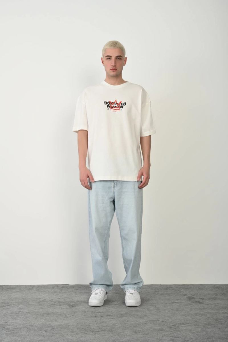 Erkek Baskılı T-Shirt Kısa Kol Bisiklet Yaka Rahat Kalıp Tişört  - Beyaz