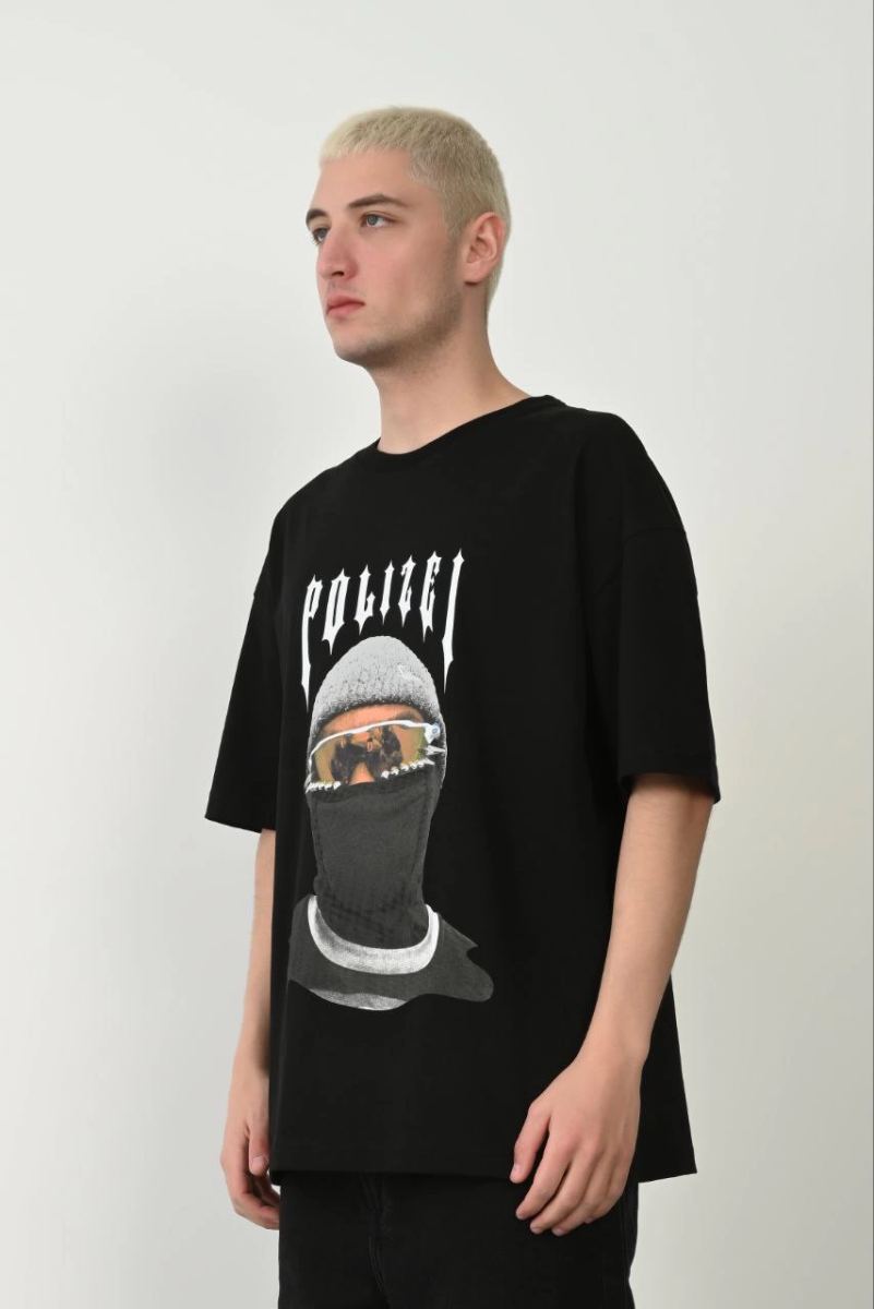 Erkek Baskılı T-Shirt Kısa Kol Bisiklet Yaka Rahat Kalıp Tişört - Siyah