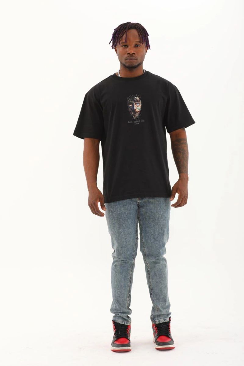 Erkek Baskılı T-Shirt Kısa Kol Bisiklet Yaka Regular Fit Rahat Kalıp Günlük Tişört - Siyah