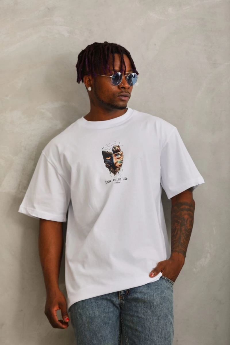 Erkek Baskılı T-Shirt Kısa Kol Bisiklet Yaka Regular Fit Rahat Kalıp Günlük Tişört - Beyaz