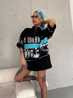 Kadın Baskılı Yarım Fermuarlı Kısa kol T-Shirt - Siyah