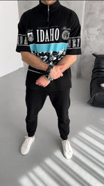 Erkek  Baskılı Yarım Fermuarlı  Kısa kol T-Shirt - Siyah
