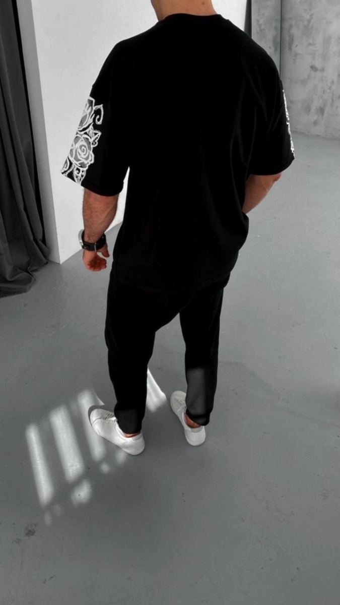 Erkek Kısa Kol Yazlık Tişört Bisiklet Yaka Baskılı Oversize T-Shirt - Siyah