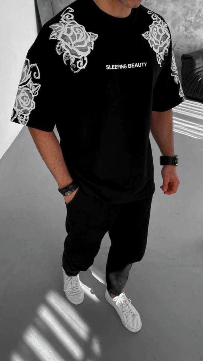 Erkek Kısa Kol Yazlık Tişört Bisiklet Yaka Baskılı Oversize T-Shirt - Siyah