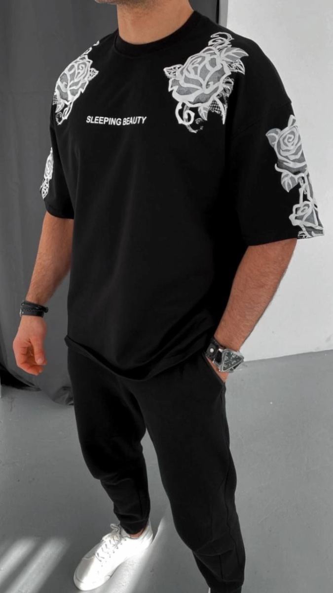 Erkek Kısa Kol Yazlık Tişört Bisiklet Yaka Baskılı Oversize T-Shirt - Siyah