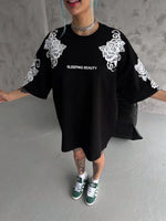 Kadın Kısa Kol Yazlık Tişört Bisiklet Yaka Baskılı Oversize T-Shirt - Siyah