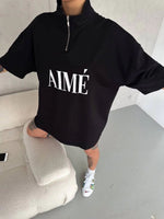 Kadın Yarım Fermuarlı Tişört Baskılı T-Shirt - Siyah
