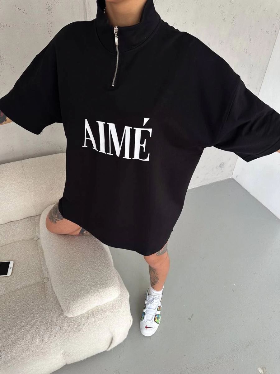 Kadın Yarım Fermuarlı Tişört Baskılı T-Shirt - Siyah
