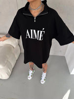 Kadın Yarım Fermuarlı Tişört Baskılı T-Shirt - Siyah