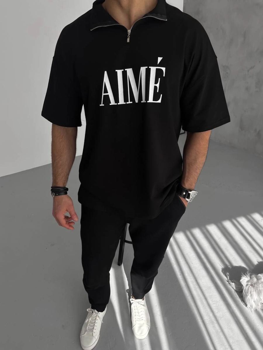 ERKEK Tişört Yakalı Yarım Fermuarlı  Kısa Kol Baskılı T-Shirt - Siyah