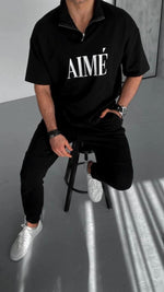ERKEK Tişört Yakalı Yarım Fermuarlı  Kısa Kol Baskılı T-Shirt - Siyah