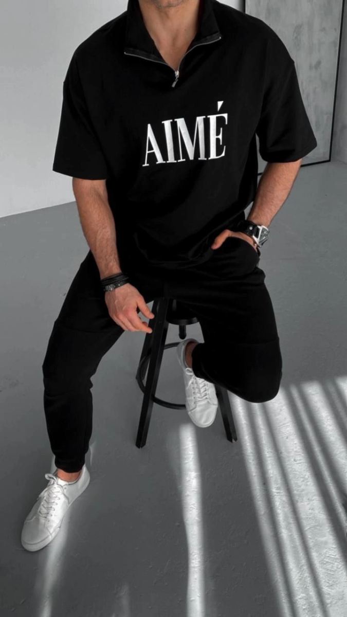 ERKEK Tişört Yakalı Yarım Fermuarlı  Kısa Kol Baskılı T-Shirt - Siyah