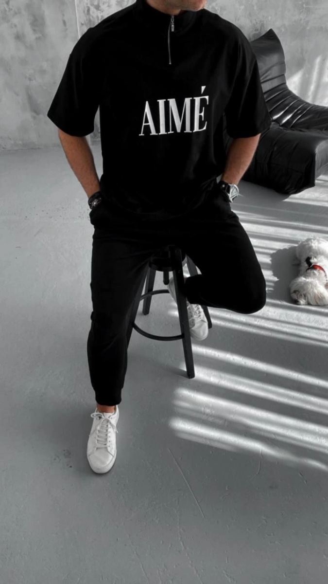 ERKEK Tişört Yakalı Yarım Fermuarlı  Kısa Kol Baskılı T-Shirt - Siyah