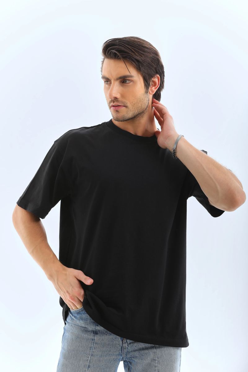 Erkek Düz Yazlık Kısa Kol Tişört Bisiklet Yaka Oversize T-Shirt - Siyah